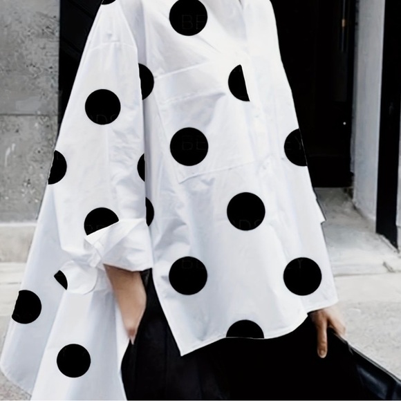 Polka Dot Print Dipped Hem Casual Button Front Long Sleeve Blouse - Picture 5 of 6